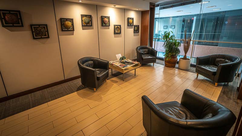 Spacious waiting room with comfortable chairs